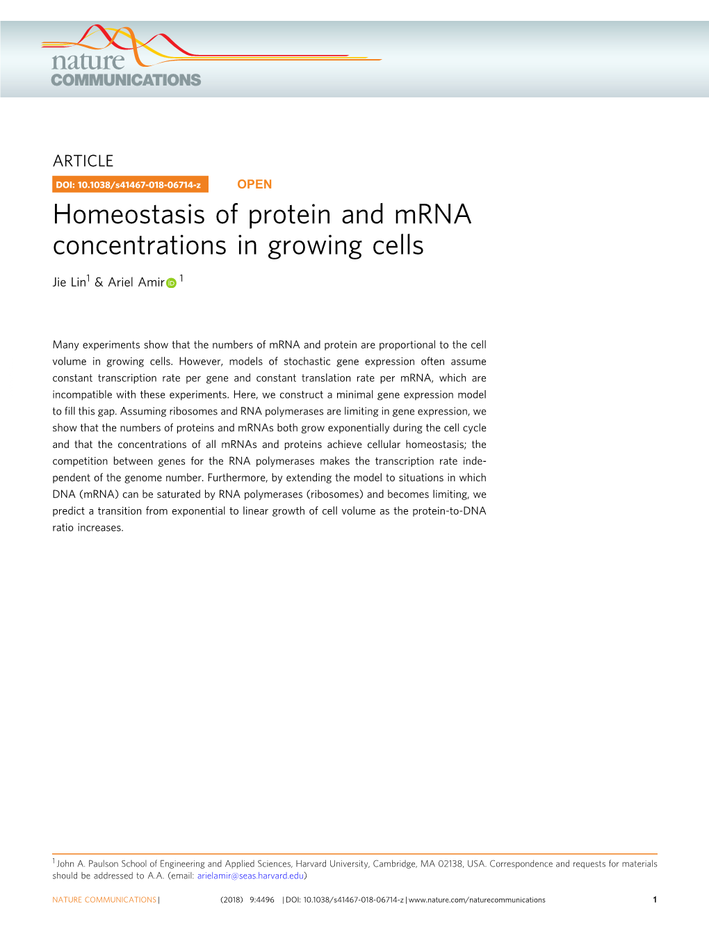 Homeostasis of Protein and Mrna Concentrations in Growing Cells