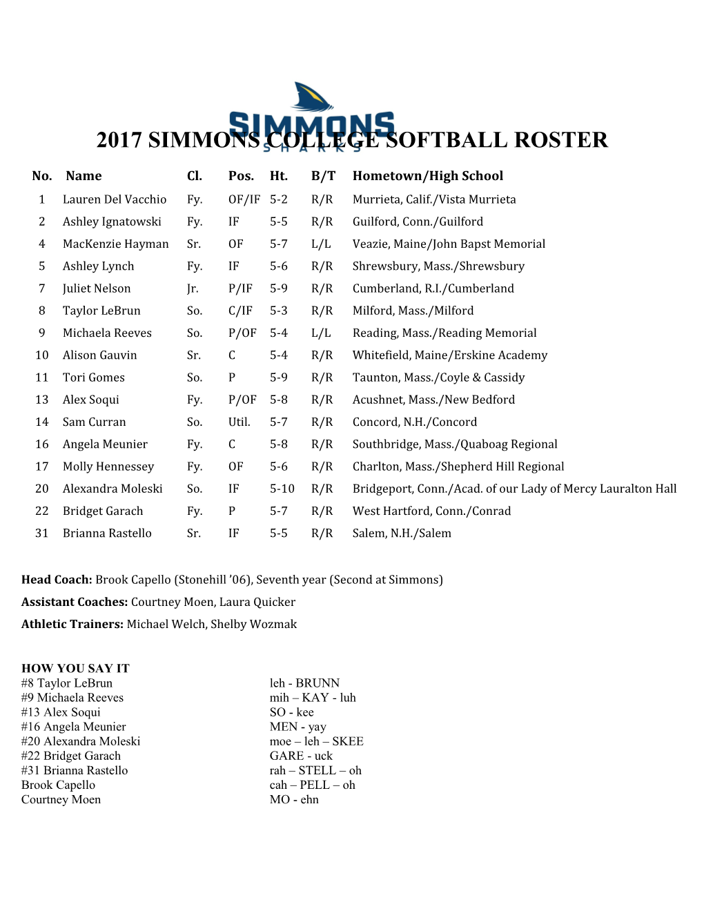 2017 Simmons College Softball Roster