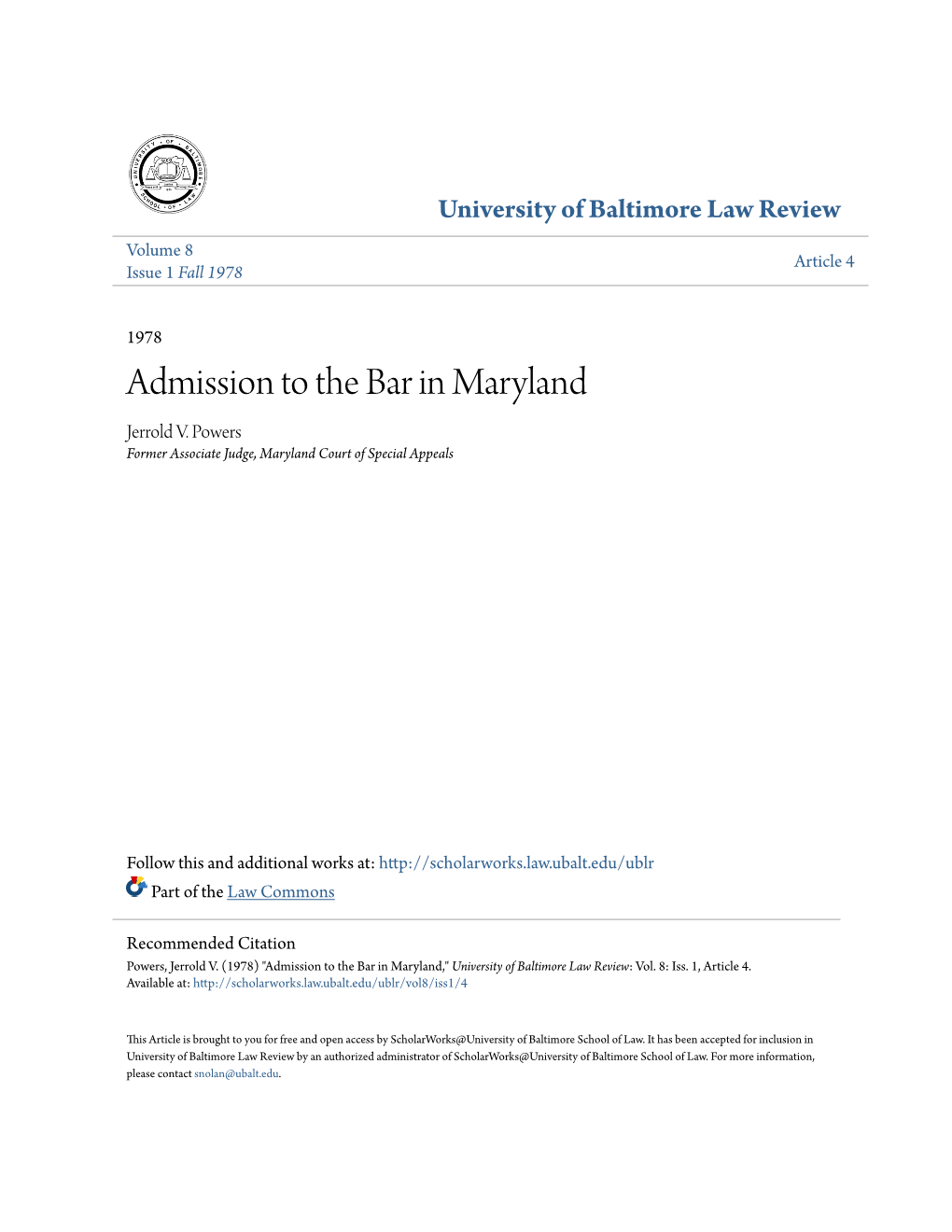 Admission to the Bar in Maryland Jerrold V