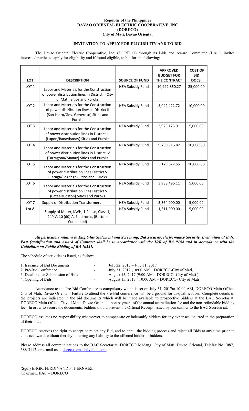 Republic of the Philippines DAVAO ORIENTAL ELECTRIC COOPERATIVE, INC (DORECO) City of Mati, Davao Oriental