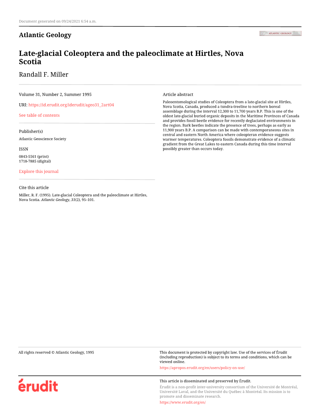 Late-Glacial Coleoptera and the Paleoclimate at Hirtles, Nova Scotia Randall F