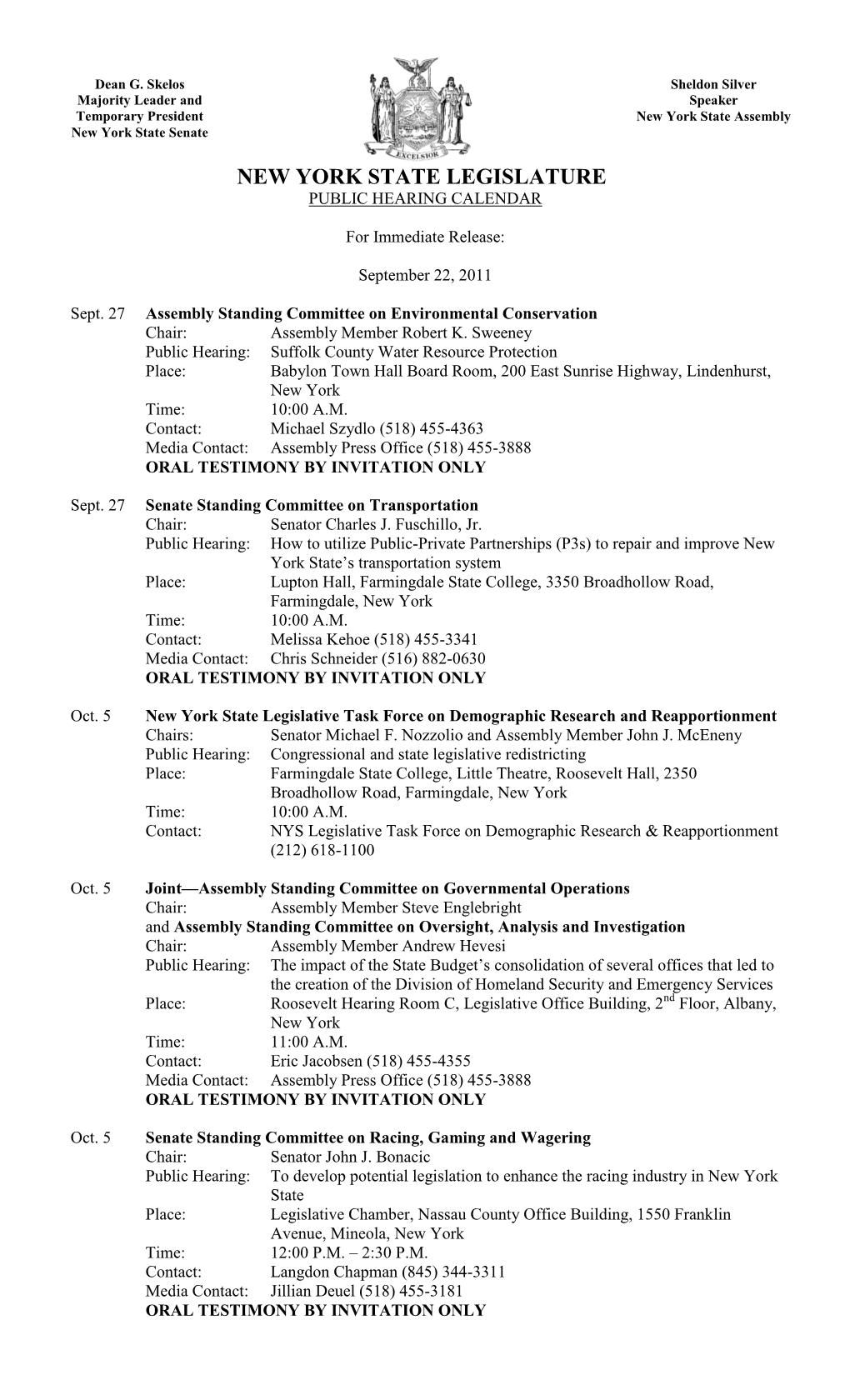 New York State Legislature Public Hearing Calendar