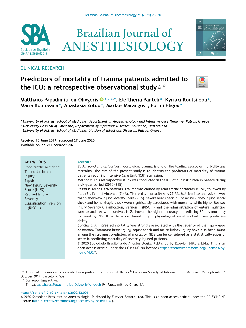 Predictors of Mortality of Trauma Patients Admitted to the ICU: A