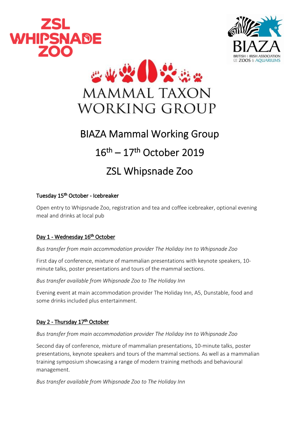 BIAZA Mammal Working Group 16Th – 17Th October 2019 ZSL Whipsnade Zoo