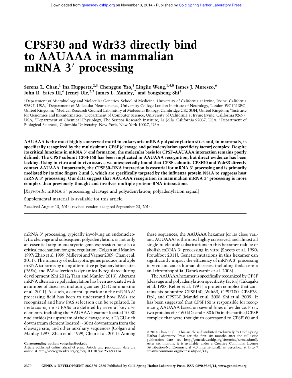 CPSF30 and Wdr33 Directly Bind to AAUAAA in Mammalian Mrna 39 Processing