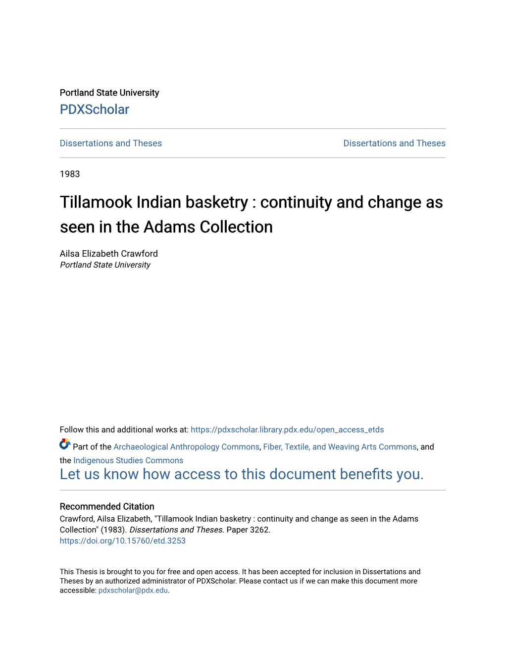 Tillamook Indian Basketry : Continuity and Change As Seen in the Adams Collection