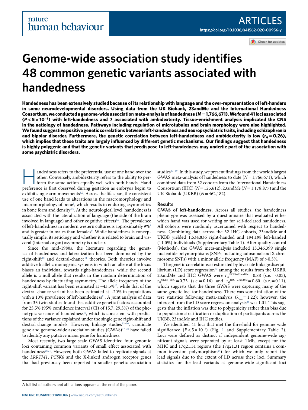 Genome-Wide Association Study Identifies 48 Common Genetic Variants Associated with Handedness