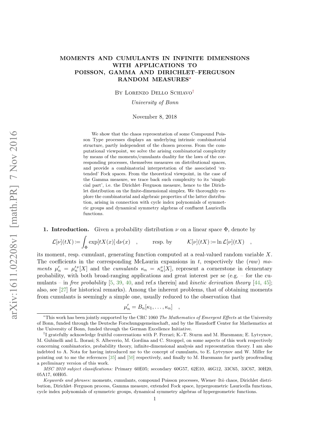 Moments and Cumulants in Infinite Dimensions with Applications to Poisson, Gamma and Dirichlet–Ferguson Random Measures∗