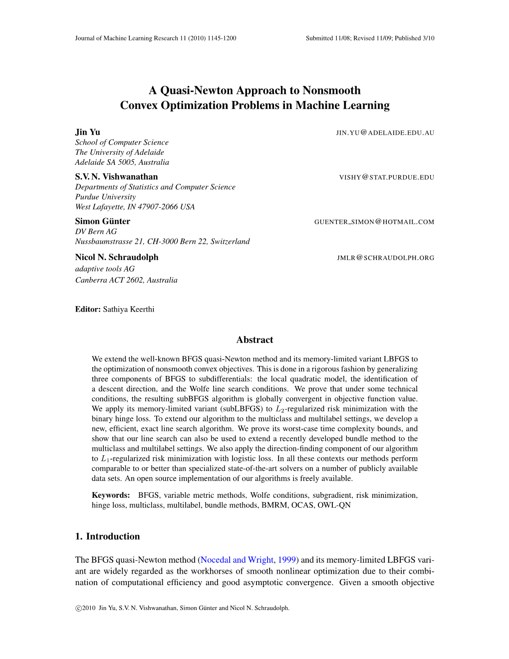 A Quasi-Newton Approach to Nonsmooth Convex Optimization Problems in Machine Learning