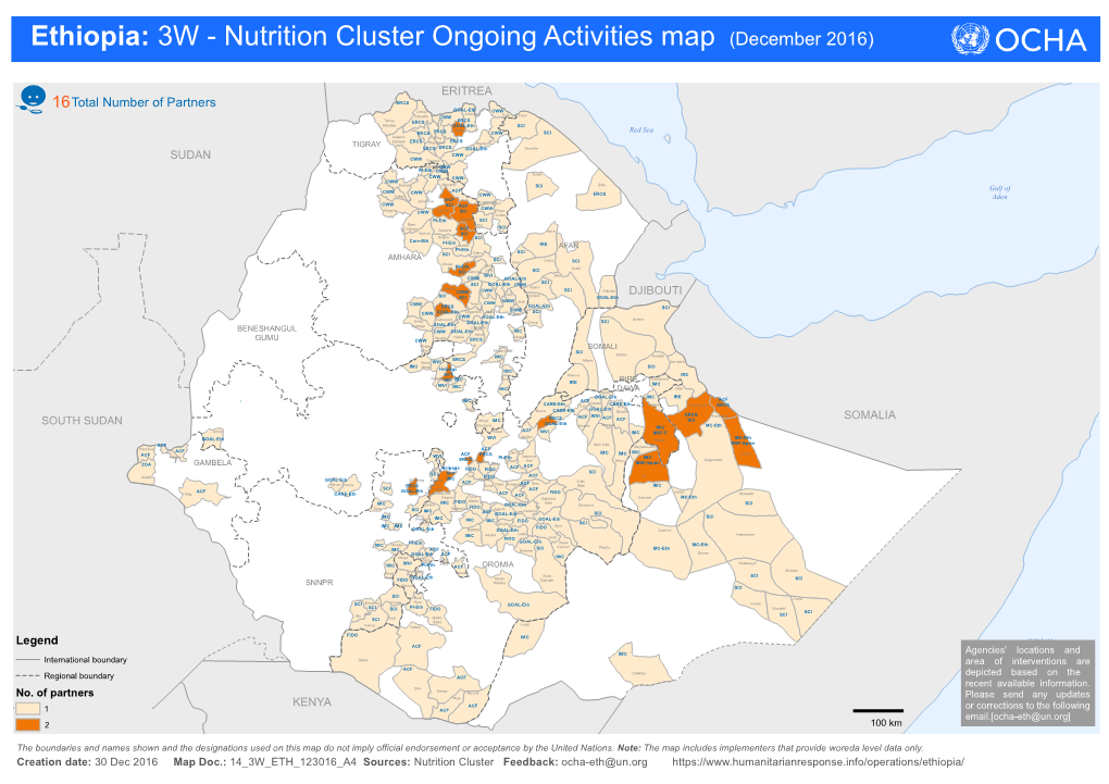 Ethiopia: 3W - Nutrition Cluster Ongoing Activities Map (December 2016)