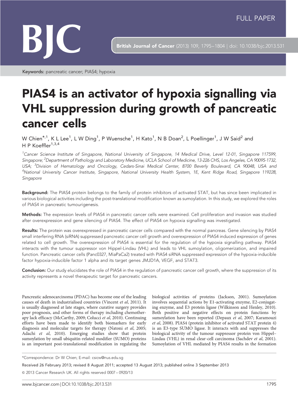 PIAS4 Is an Activator of Hypoxia Signalling Via VHL Suppression During Growth of Pancreatic Cancer Cells