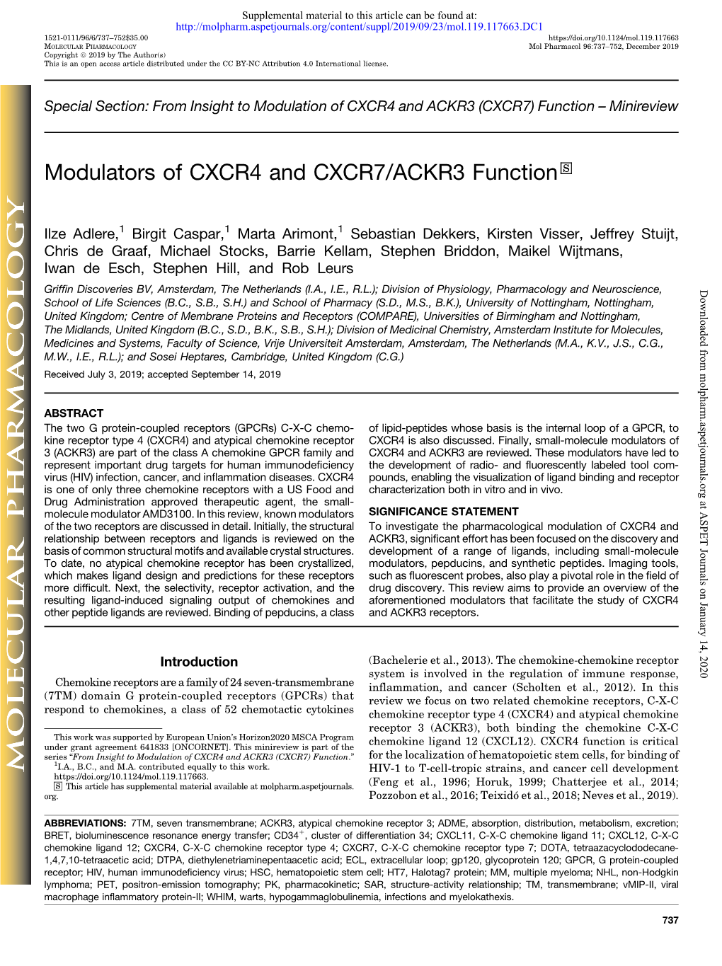 Modulators of CXCR4 and CXCR7/ACKR3 Function S