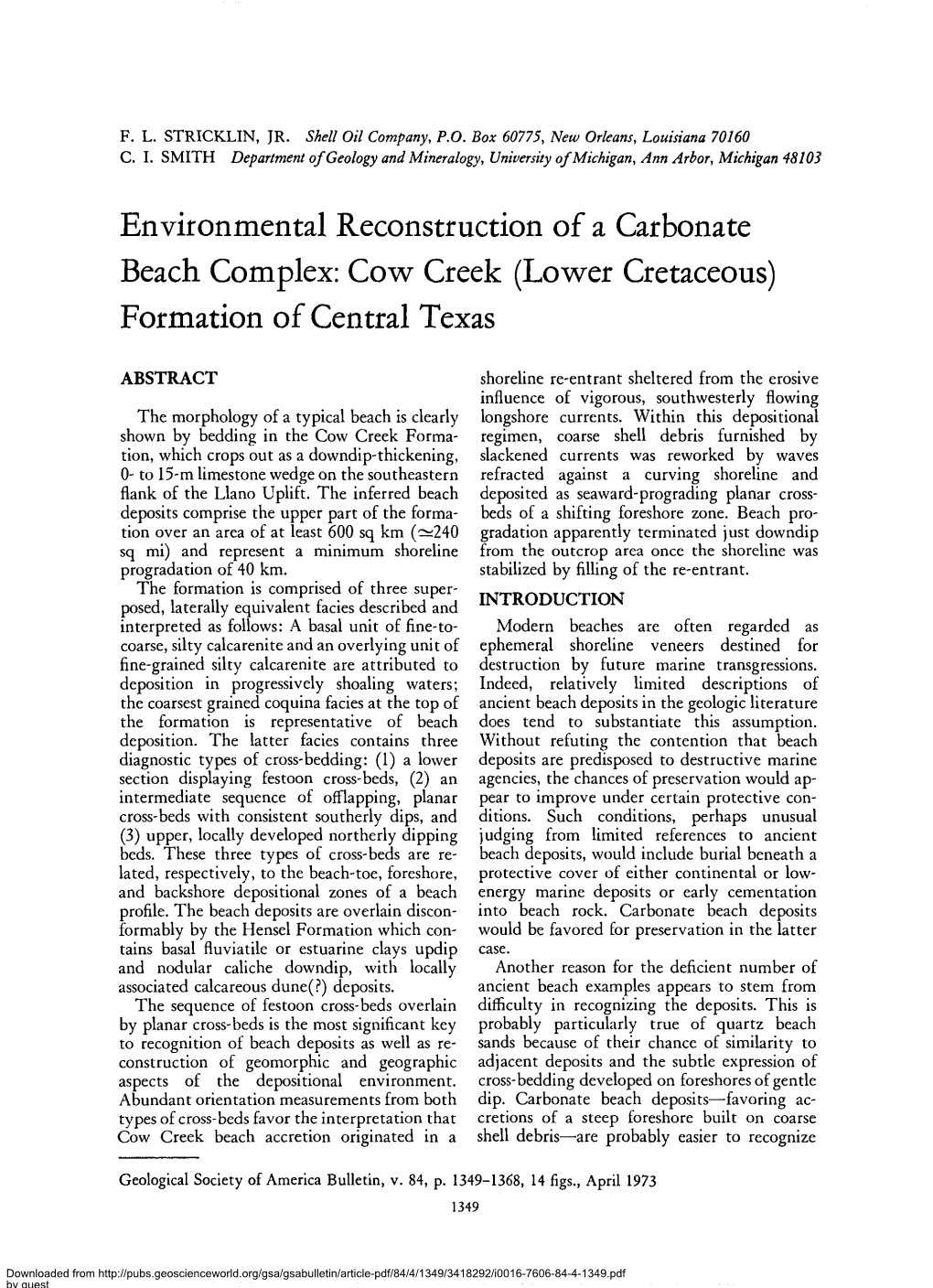 Environmental Reconstruction of a Carbonate Beach Complex: Cow Creek (Lower Cretaceous) Formation of Central Texas