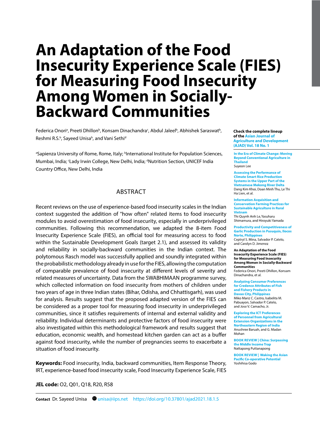 FIES) for Measuring Food Insecurity Among Women in Socially- Backward Communities