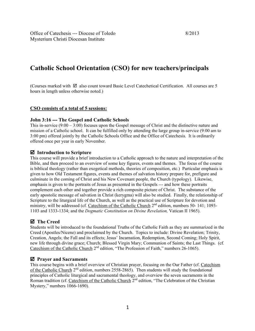 Catholic School Orientation (CSO) for New Teachers/Principals