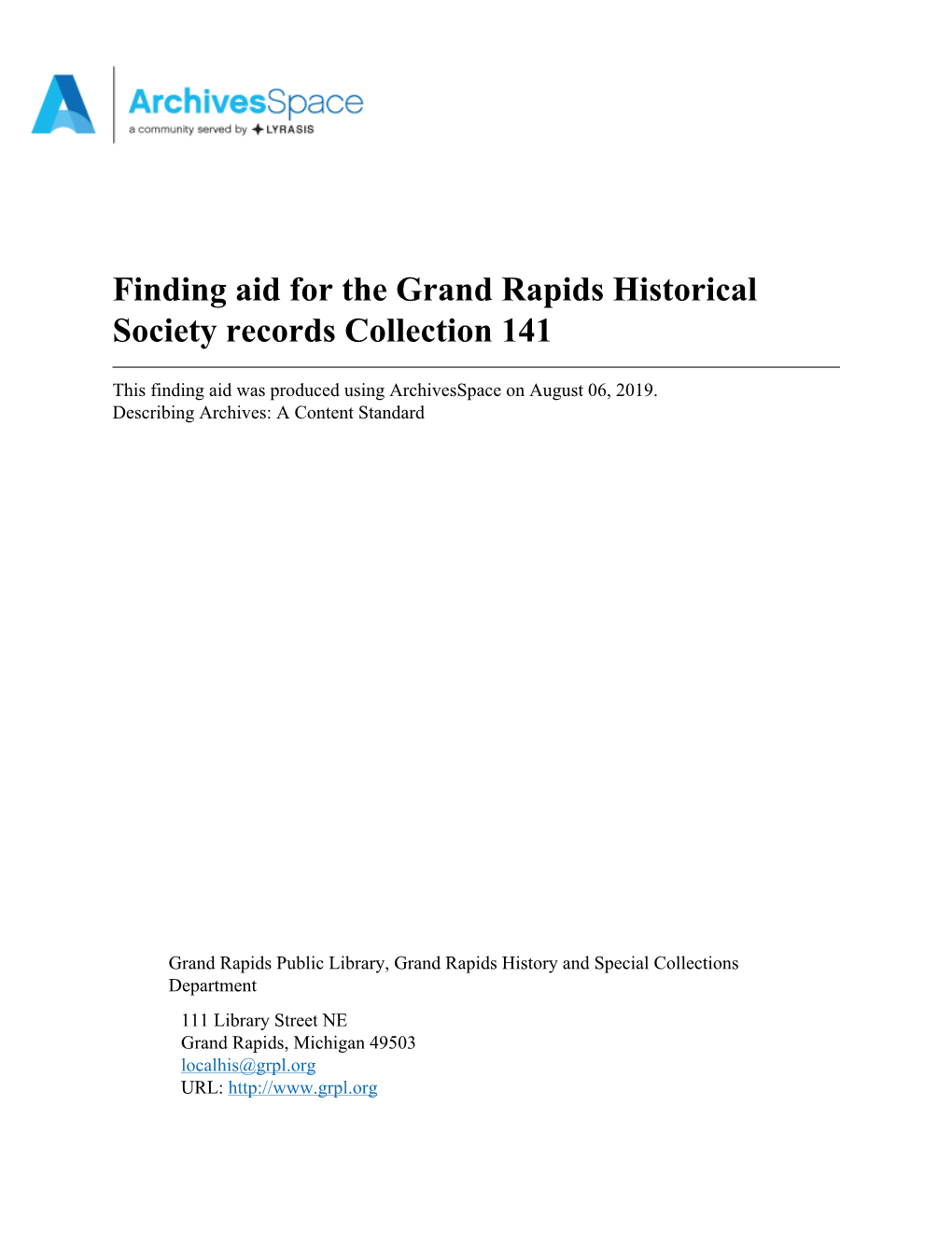 Grand Rapids Historical Society Records Collection 141