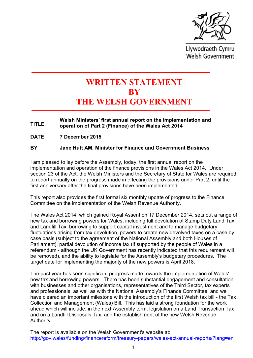 Welsh Ministers' First Annual Report on the Implementation and Operation of Part 2 (Finance)