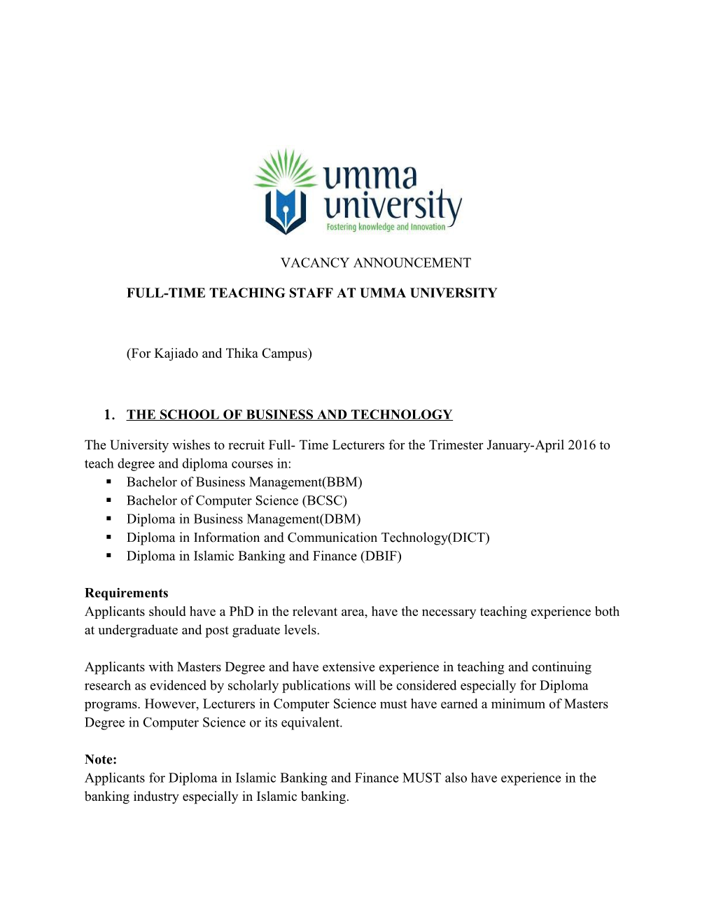 Full-Time Teaching Staff at Umma University