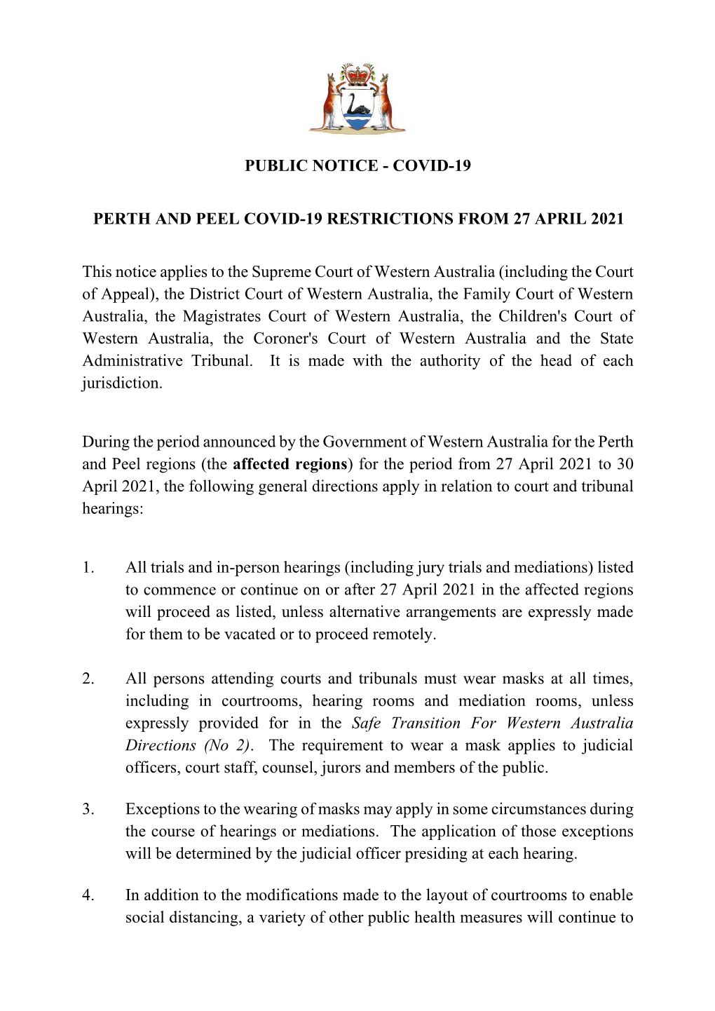 Perth and Peel Covid-19 Restrictions from 27 April 2021