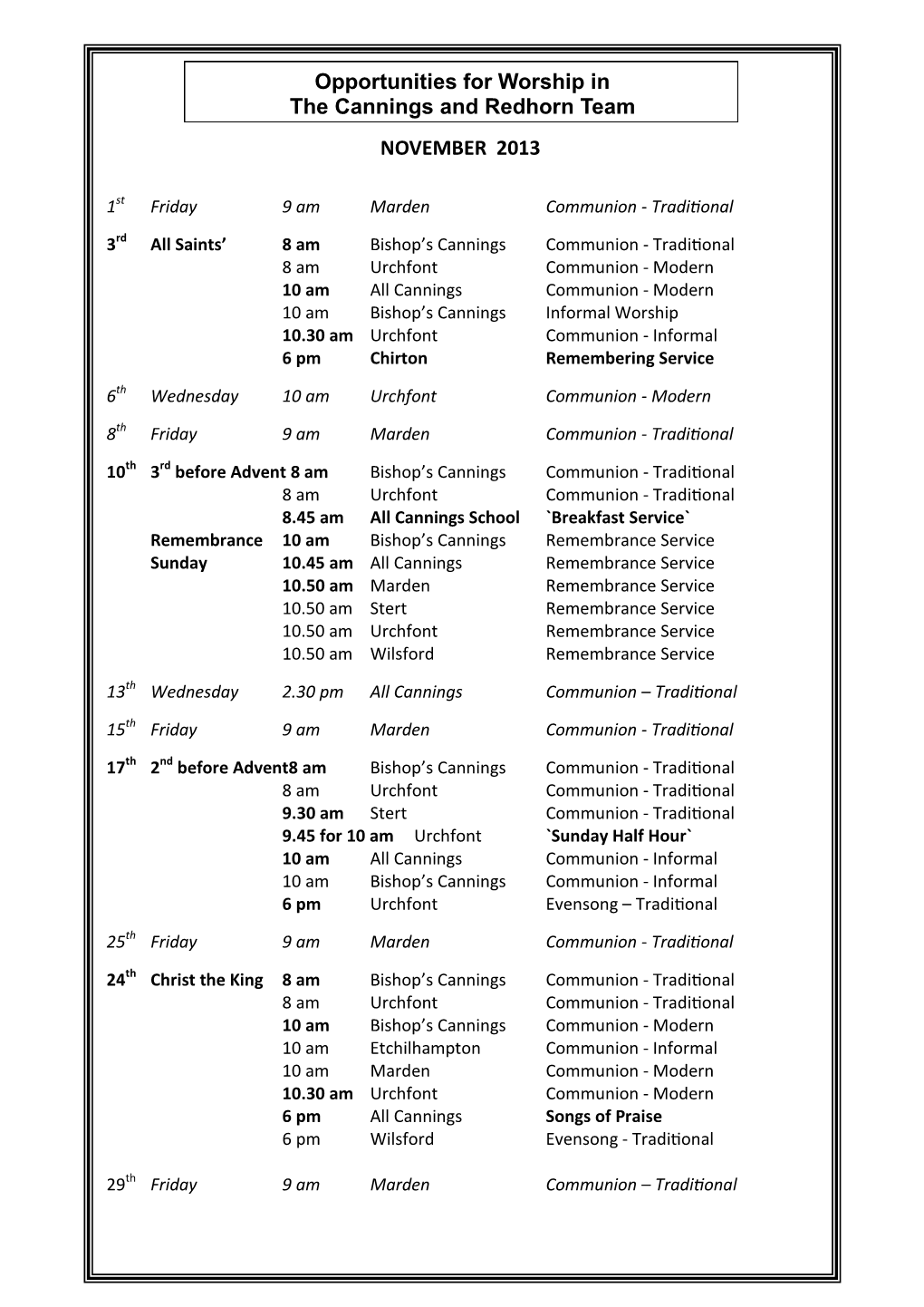 Opportunities for Worship in the Cannings and Redhorn Team NOVEMBER 2013