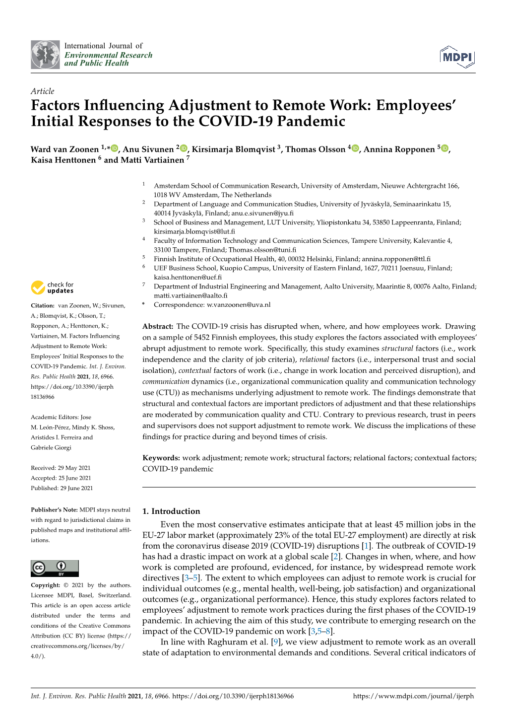 Factors Influencing Adjustment to Remote Work: Employees' Initial Responses to the COVID-19 Pandemic