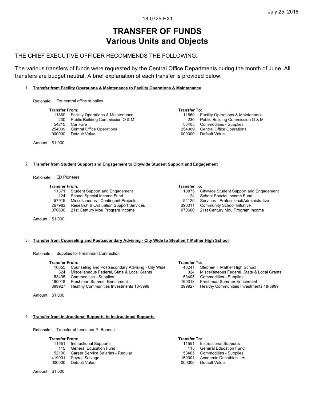 18-0725-EX1 TRANSFER of FUNDS Various Units and Objects