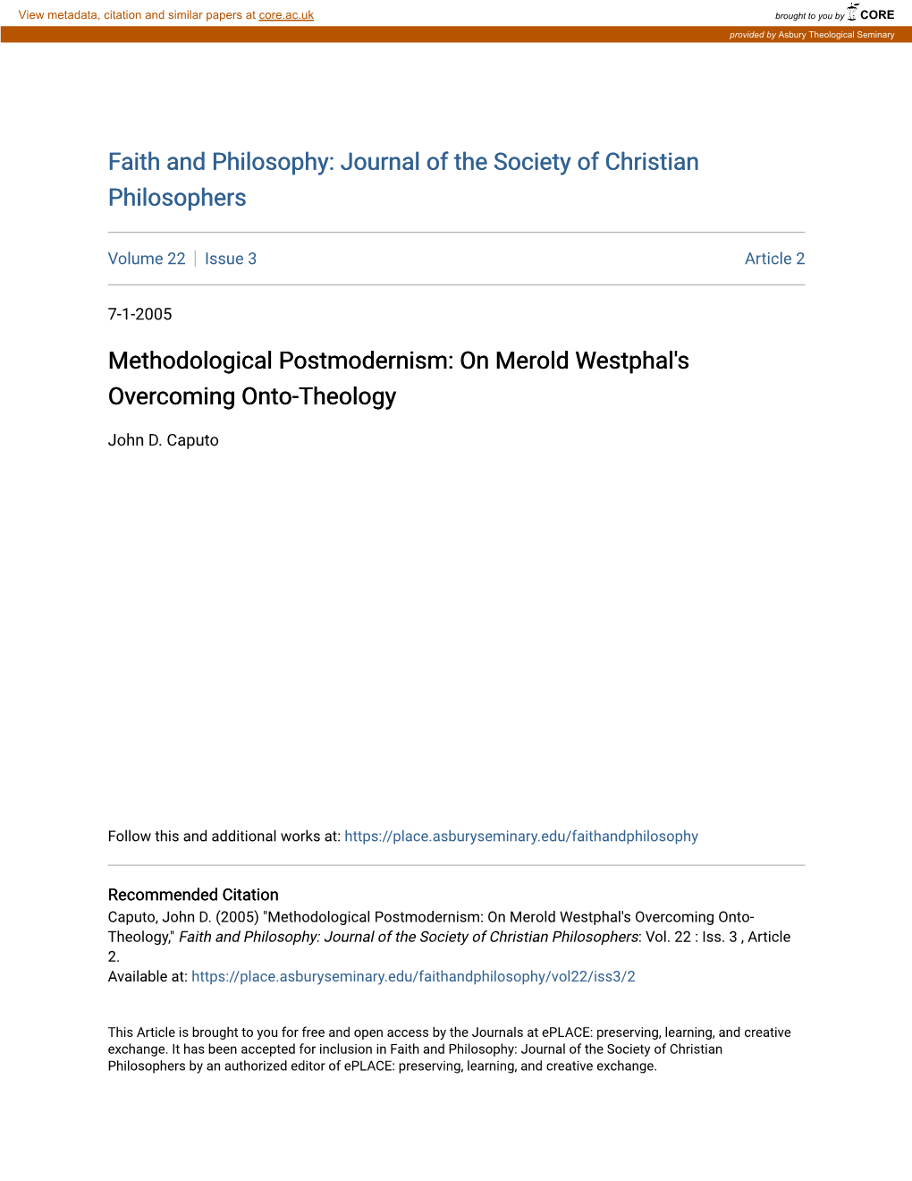 Methodological Postmodernism: on Merold Westphal's Overcoming Onto-Theology