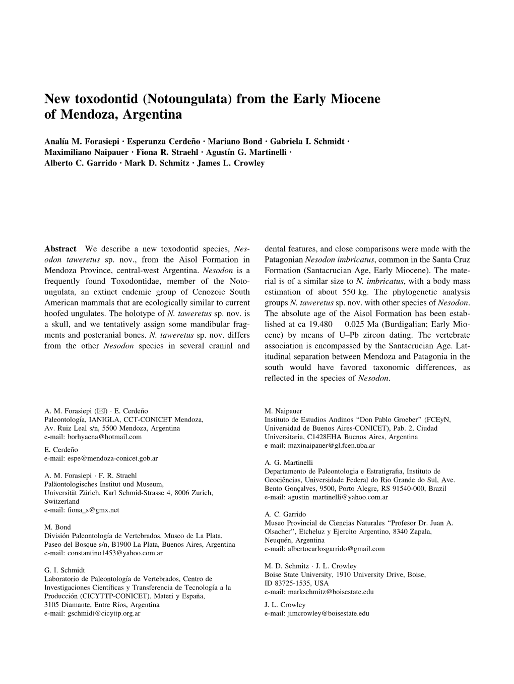 New Toxodontid (Notoungulata) from the Early Miocene of Mendoza, Argentina