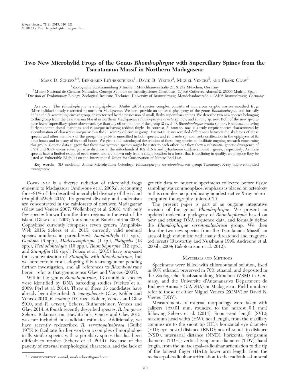 Two New Microhylid Frogs of the Genus Rhombophryne with Superciliary Spines from the Tsaratanana Massif in Northern Madagascar