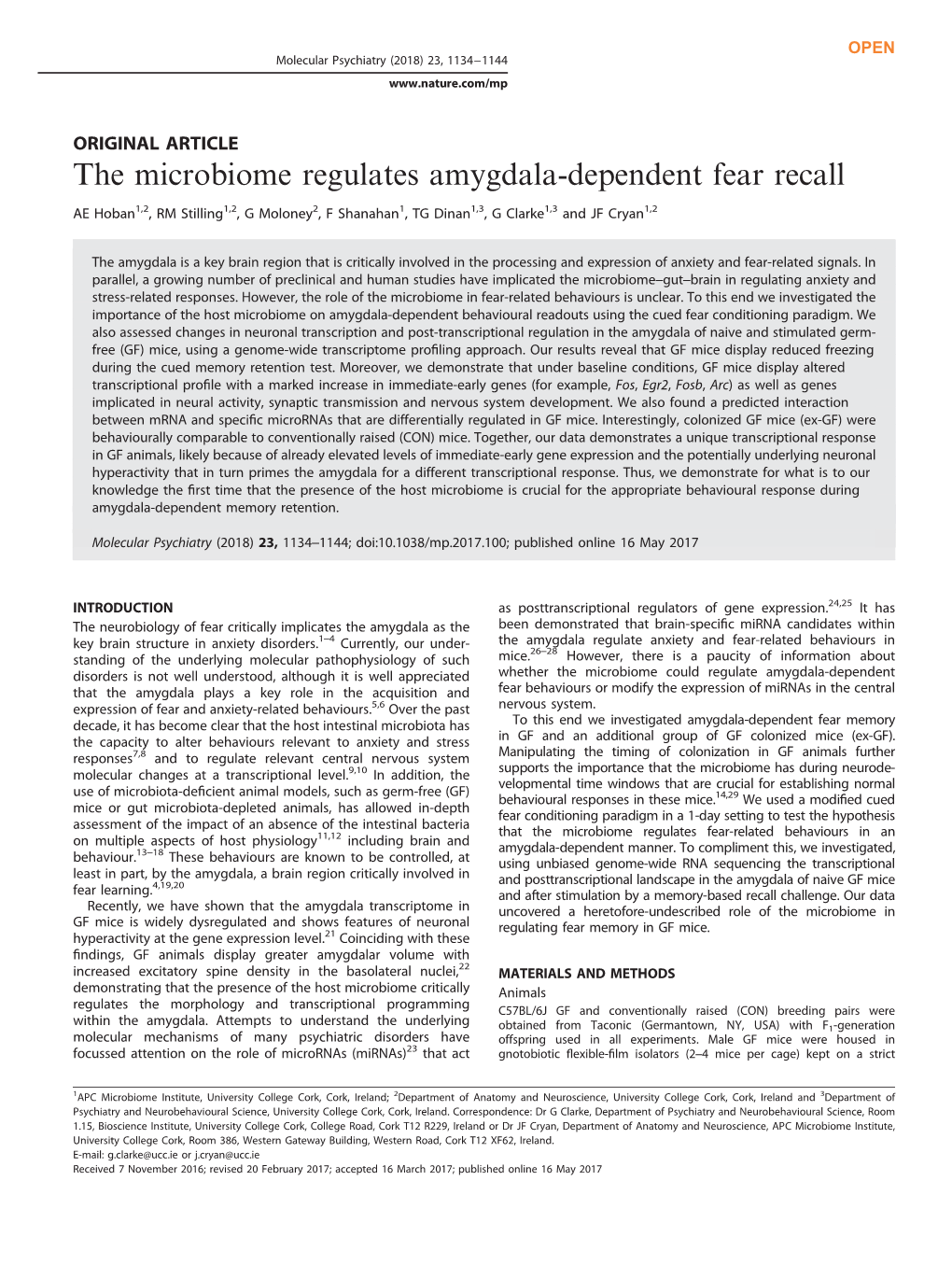 The Microbiome Regulates Amygdala-Dependent Fear Recall