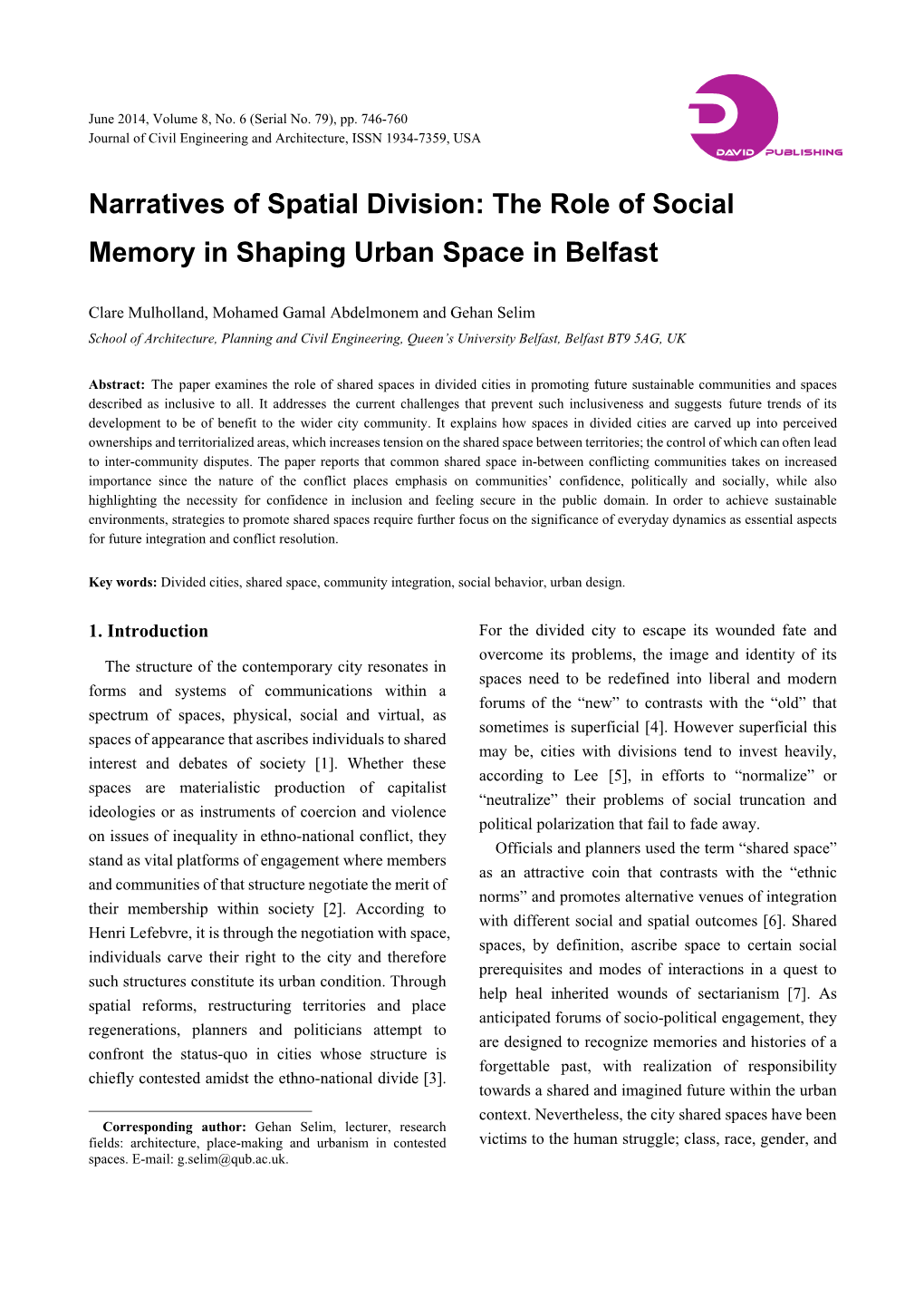 Narratives of Spatial Division: the Role of Social Memory in Shaping Urban Space in Belfast