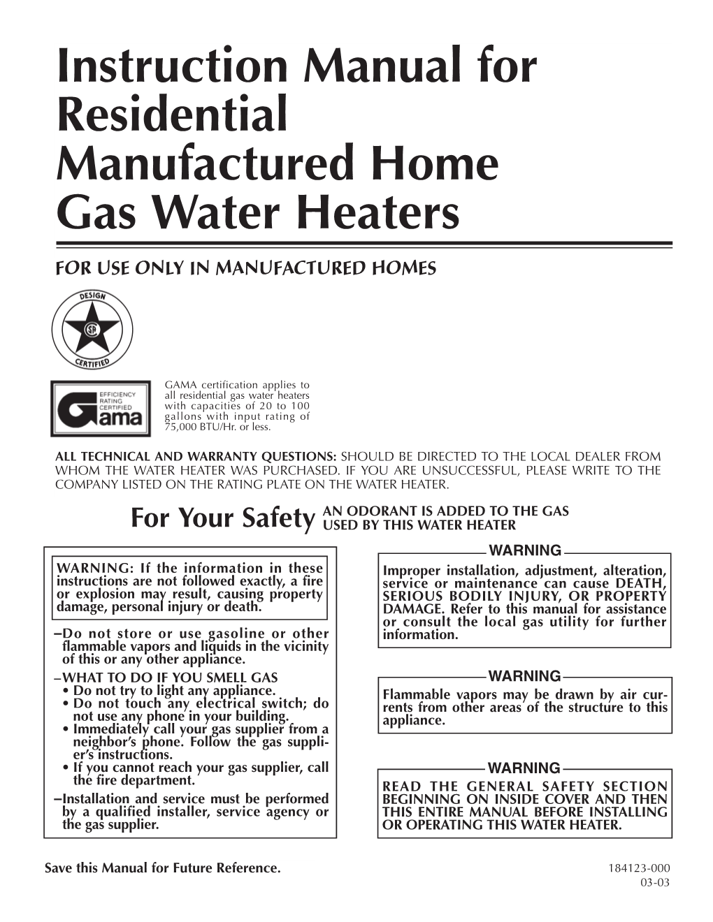 Instruction Manual for Residential Manufactured Home Gas Water Heaters