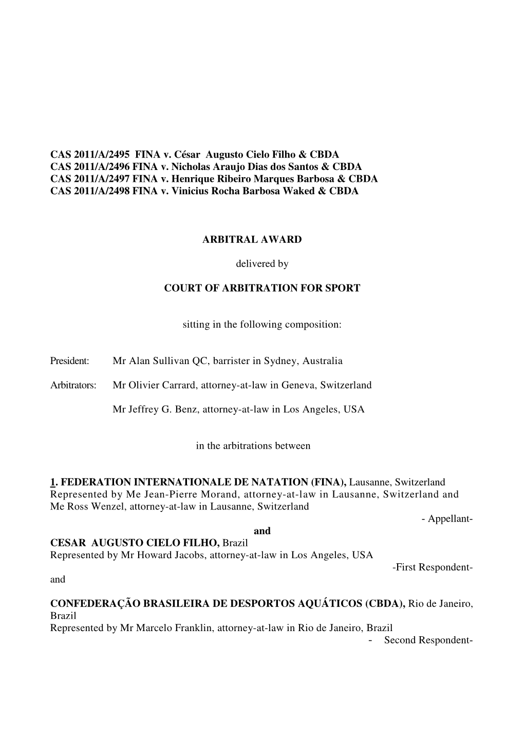 CAS 2011/A/2495 FINA V. César Augusto Cielo Filho & CBDA