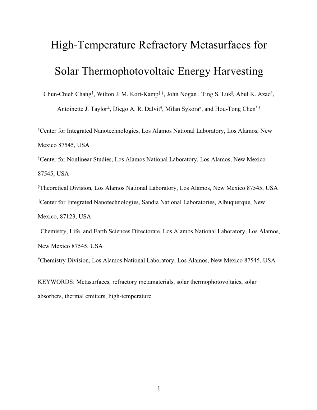 High-Temperature Refractory Metasurfaces for Solar