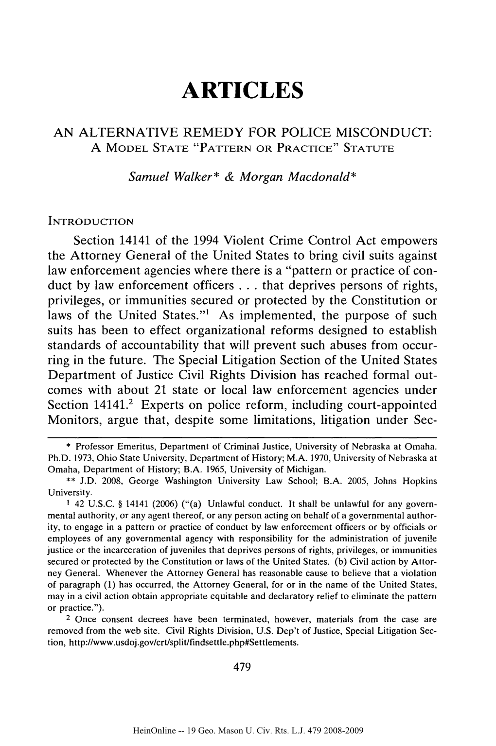 An Alternative Remedy for Police Misconduct: a Model State 