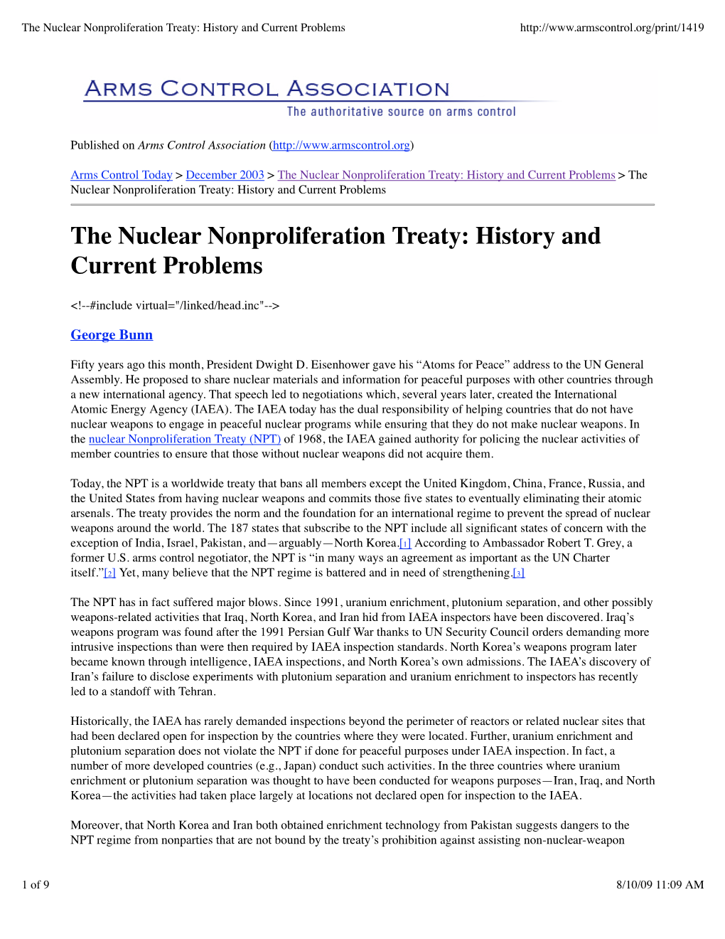 The Nuclear Nonproliferation Treaty History and Current Problems