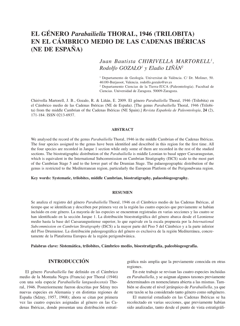 Trilobita) En El Cámbrico Medio De Las Cadenas Ibéricas (Ne De España)