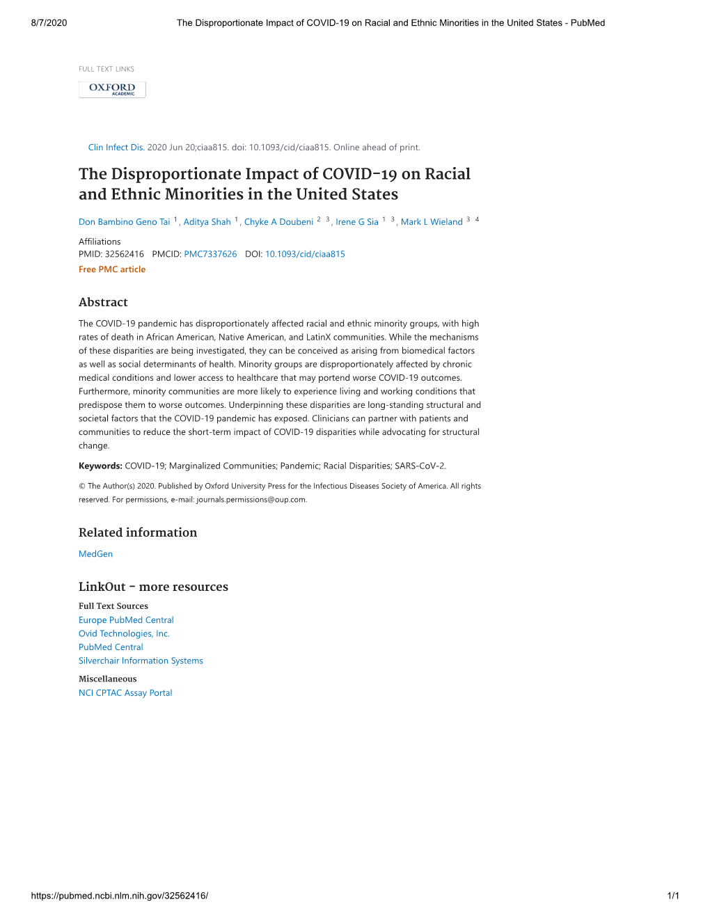 The Disproportionate Impact of COVID-19 on Racial and Ethnic Minorities in the United States - Pubmed