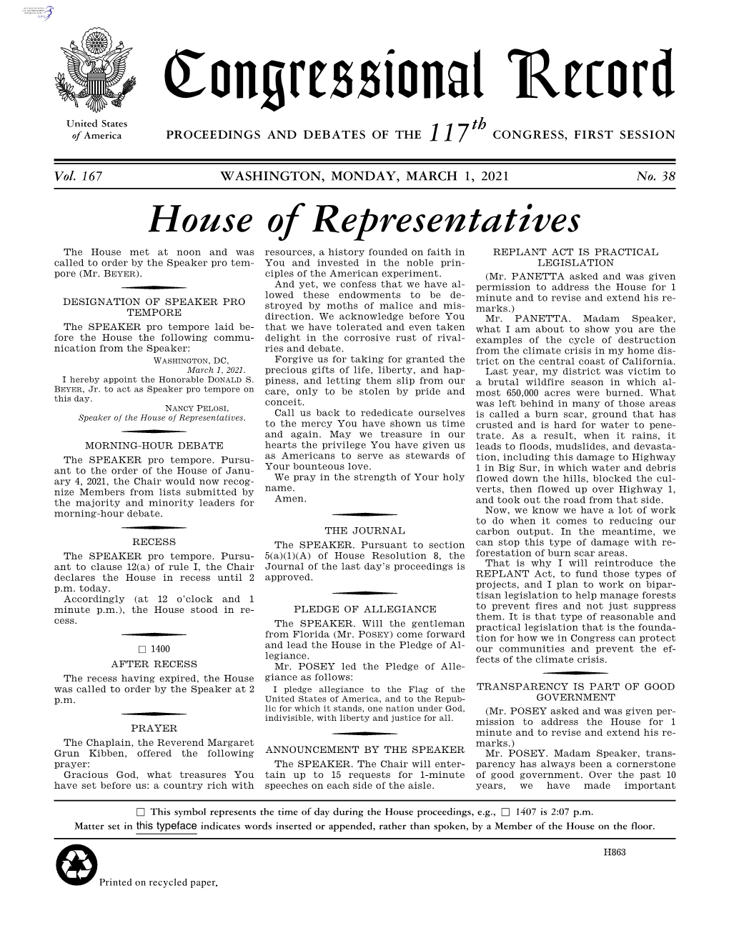 Congressional Record United States Th of America PROCEEDINGS and DEBATES of the 117 CONGRESS, FIRST SESSION