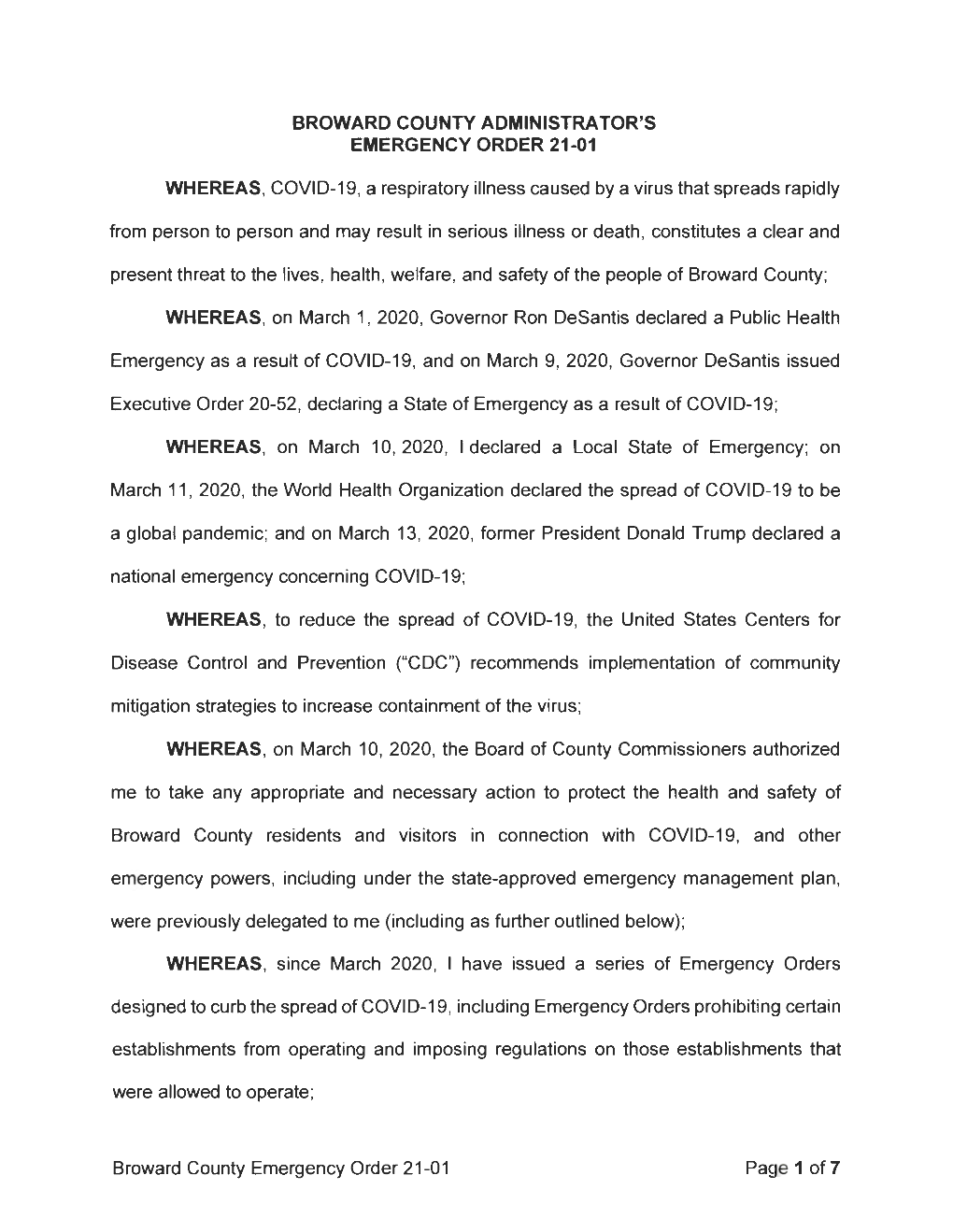 Broward County Administrator's Emergency Order 21-01