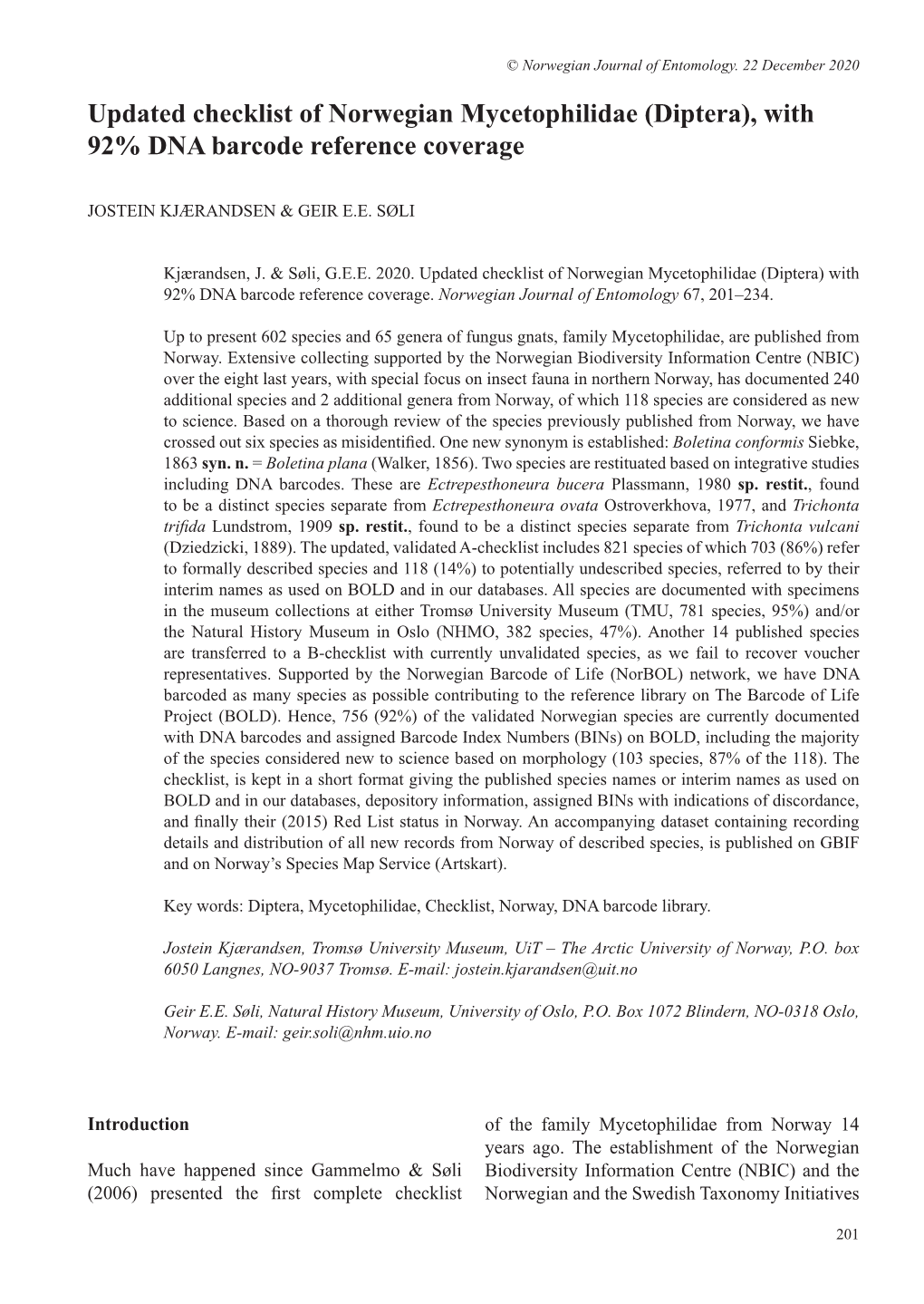 Updated Checklist of Norwegian Mycetophilidae (Diptera), with 92% DNA Barcode Reference Coverage