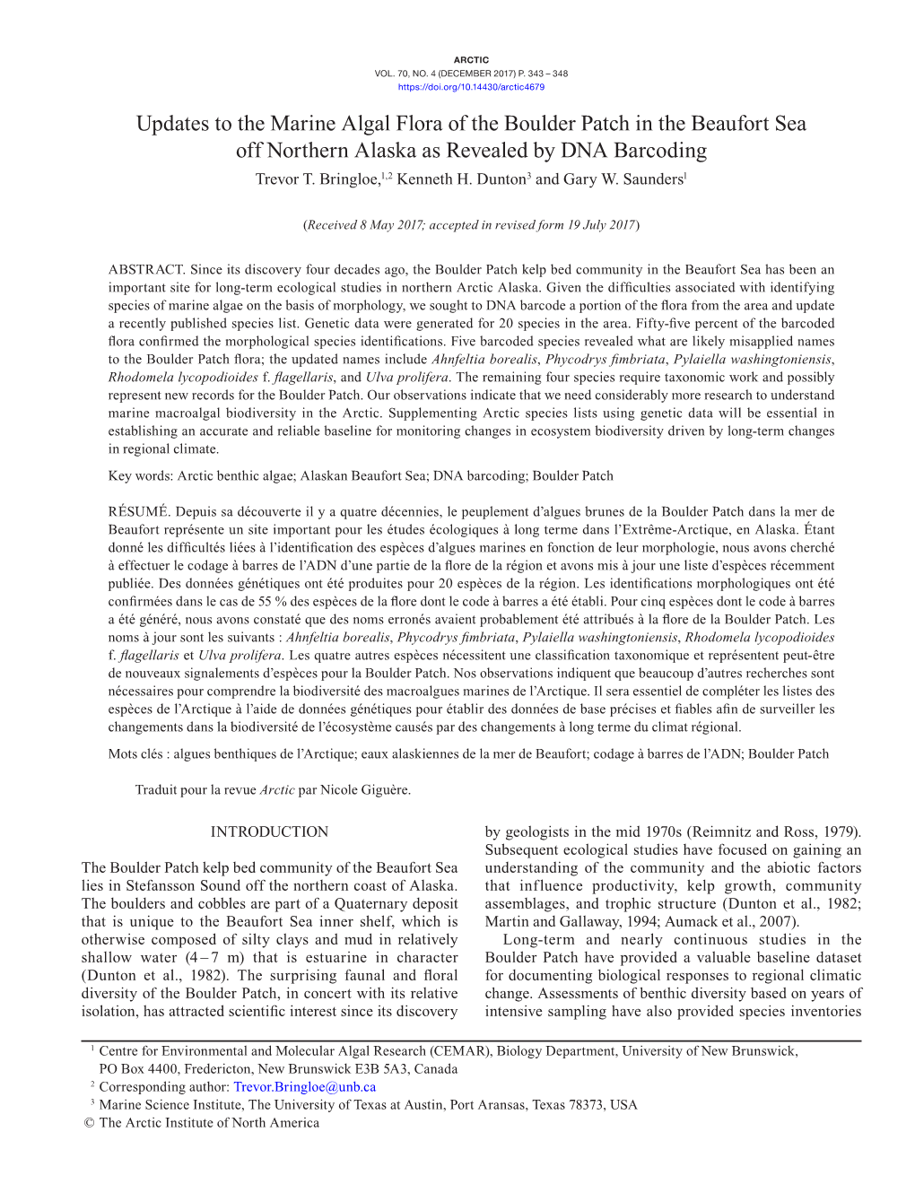 Updates to the Marine Algal Flora of the Boulder Patch in the Beaufort Sea Off Northern Alaska As Revealed by DNA Barcoding Trevor T