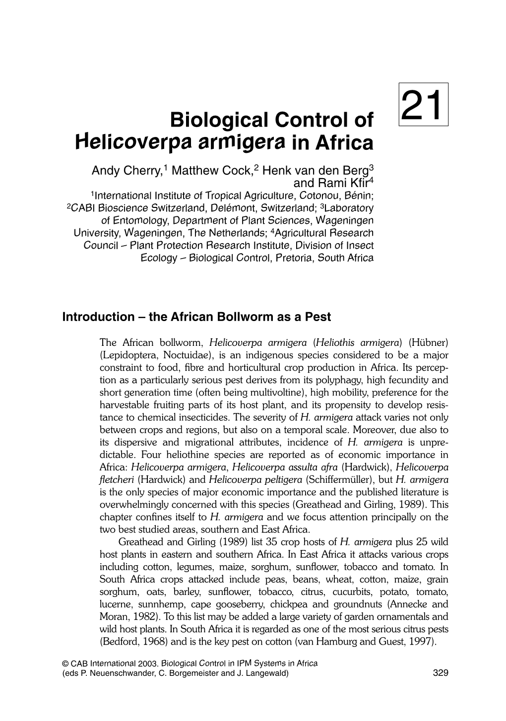 Biological Control of Helicoverpa Armigera in Africa