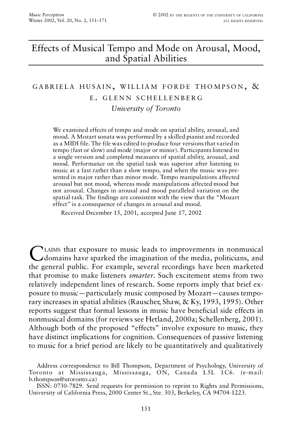 Effects of Musical Tempo and Mode on Arousal, Mood, and Spatial Abilities