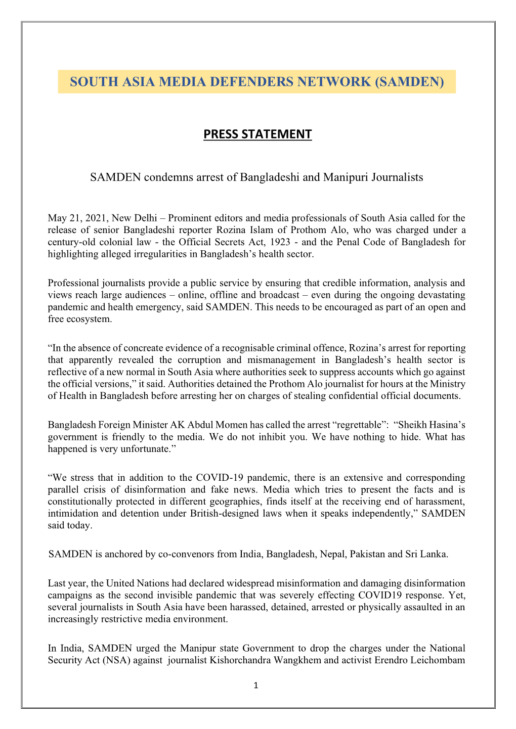 Press Statement South Asia Media Defenders Network