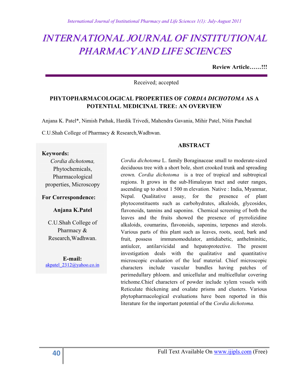 Phytopharmacological Properties of Cordia Dichotoma As a Potential Medicinal Tree: an Overview