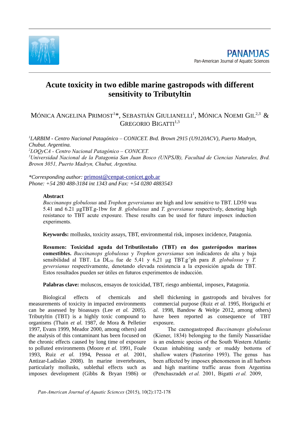 Acute Toxicity in Two Edible Marine Gastropods with Different Sensitivity to Tributyltin