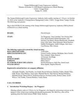 Tampa-Hillsborough County Expressway Authority Minutes of October 12, 2020 Board Committees As a Whole Meeting 1104 E