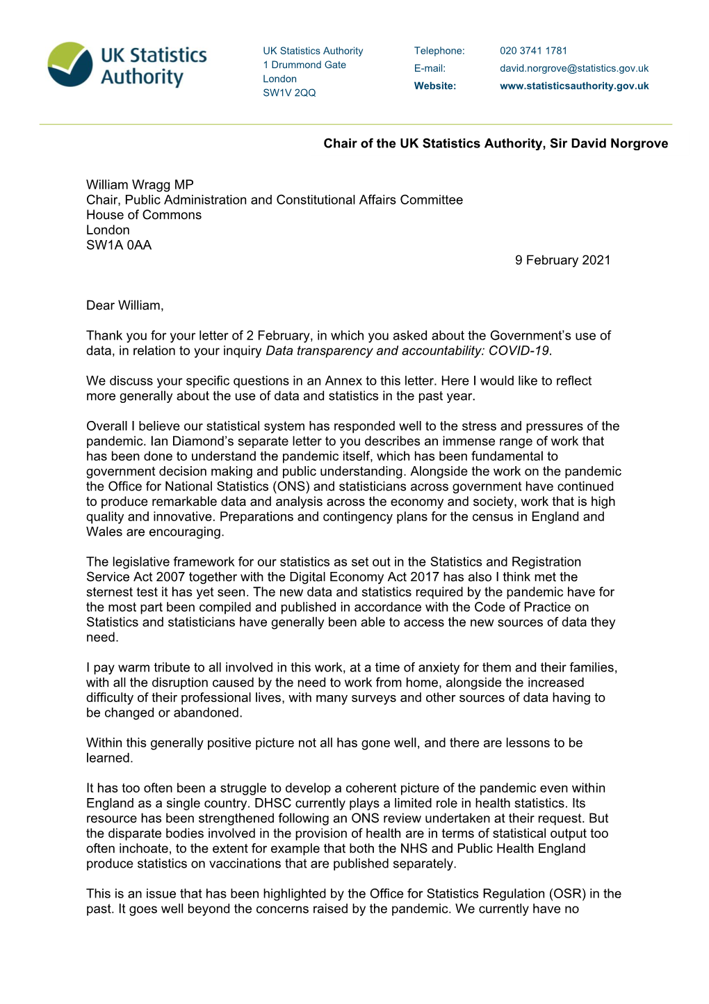 Letter from Sir David Norgrove, Chair of the UK Statistics Authority To