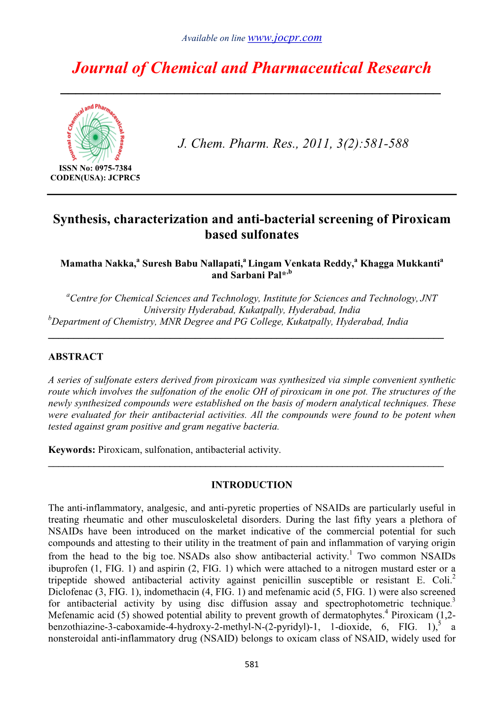 Synthesis, Characterization and Anti-Bacterial Screening of Piroxicam Based Sulfonates